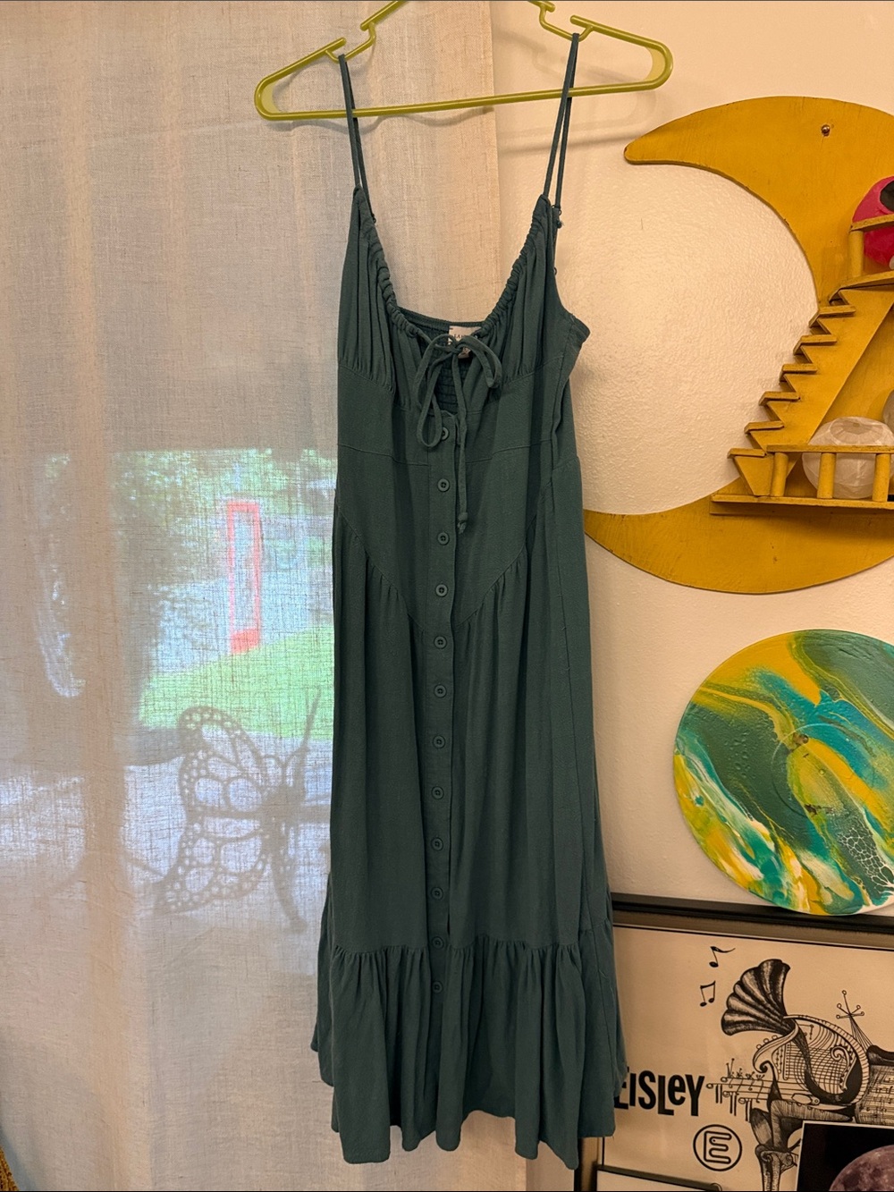 Women’s Dark Teal Button-Front Midi Dress with Tie Detail